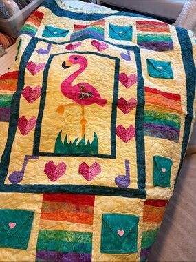 Handmade Flamingo “Project Linus  Patchwork Flamingo Quilt - Yellow & Pink